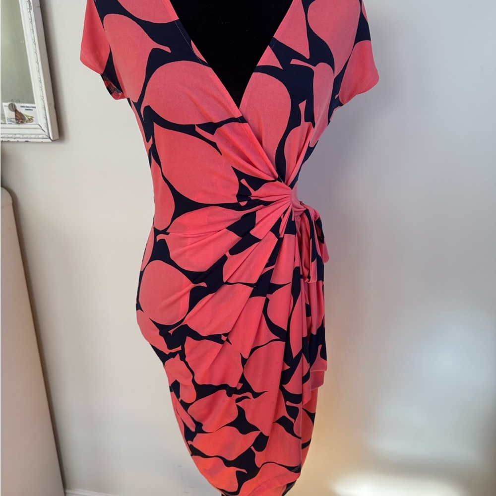 Maggy London Asymmetrical Coral and Navy Dress